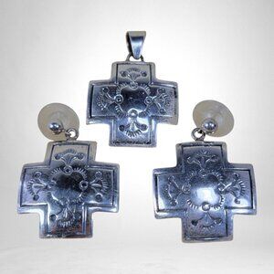 Southwestern Sterling Silver Cross Pendant & Earrings Set – 14.5g, 1"